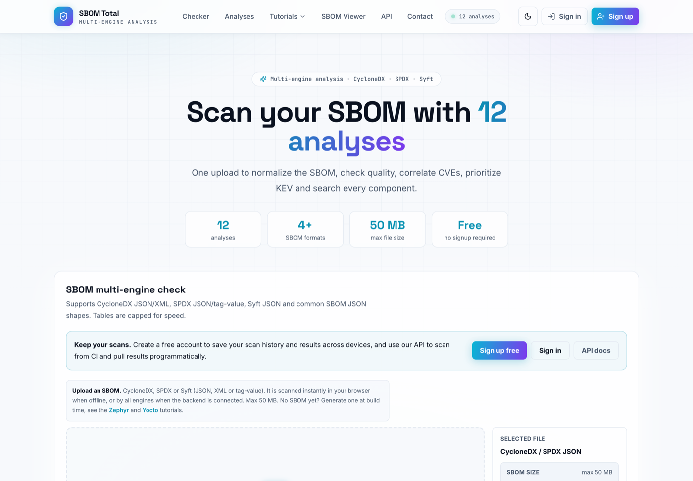 The SBOM Total checker landing page with the upload area